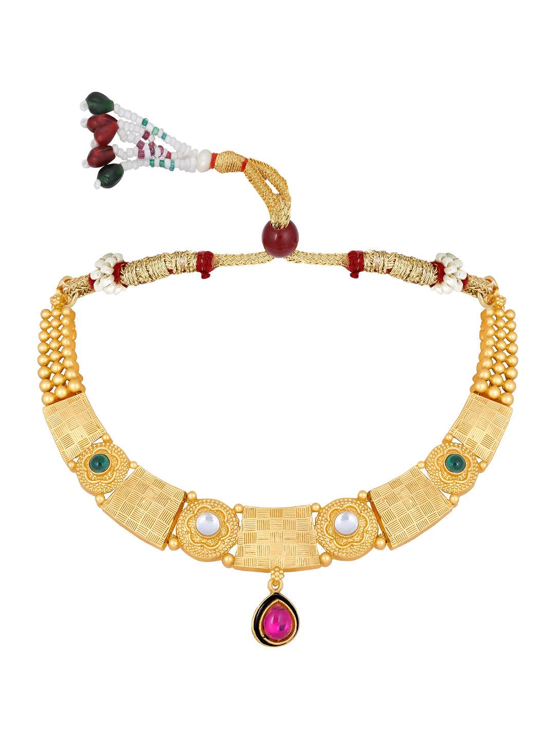 Gold Plated Artificial Stone Studded Ethnic Choker Jewellery Set - ASMITTA Jewellery