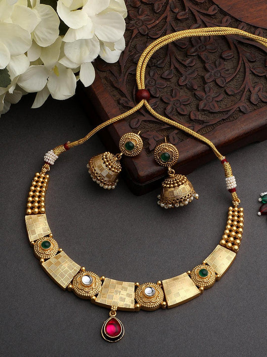 Gold Plated Artificial Stone Studded Ethnic Choker Jewellery Set - ASMITTA Jewellery