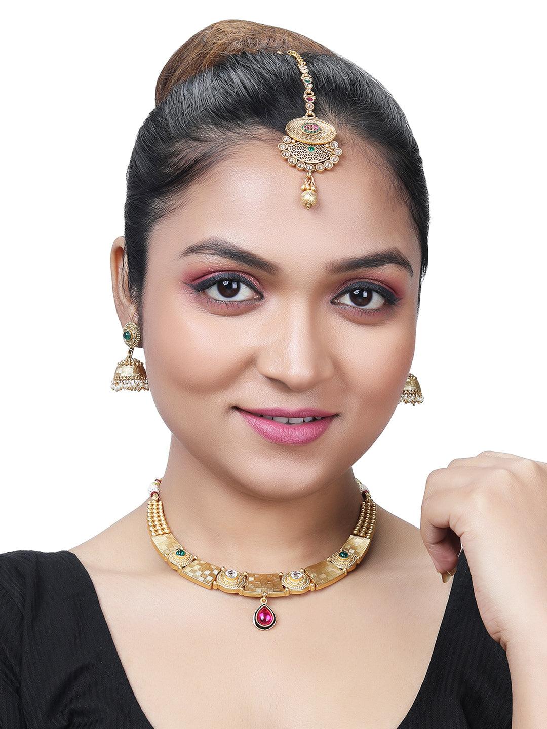 Gold Plated Artificial Stone Studded Ethnic Choker Jewellery Set - ASMITTA Jewellery