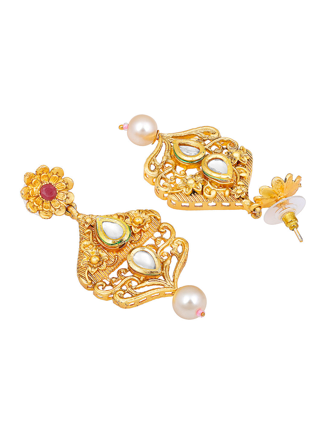 Gold-Plated Kundan Pearl Necklace Set With Dangle Earrings