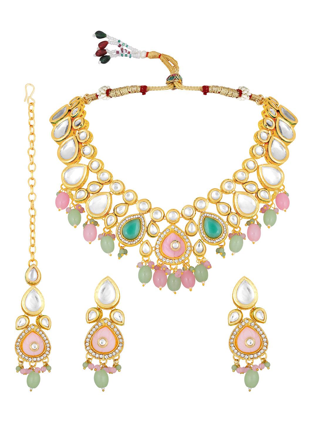 Gold Plated Kundan Studded Pearls Beaded Ethnic Choker Jewellery Set - ASMITTA Jewellery