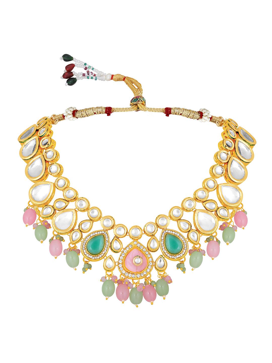 Gold Plated Kundan Studded Pearls Beaded Ethnic Choker Jewellery Set - ASMITTA Jewellery