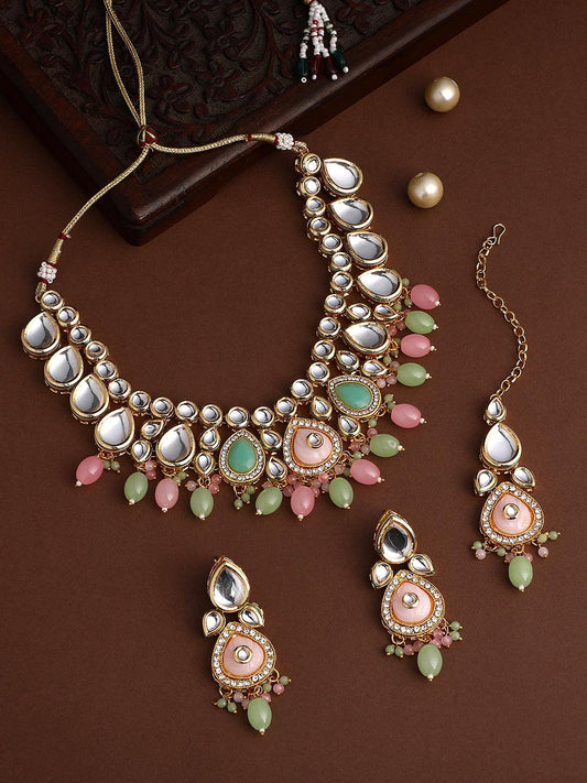 Gold Plated Kundan Studded Pearls Beaded Ethnic Choker Jewellery Set - ASMITTA Jewellery