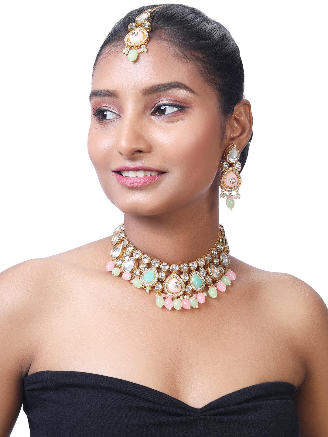 Gold Plated Kundan Studded Pearls Beaded Ethnic Choker Jewellery Set - ASMITTA Jewellery