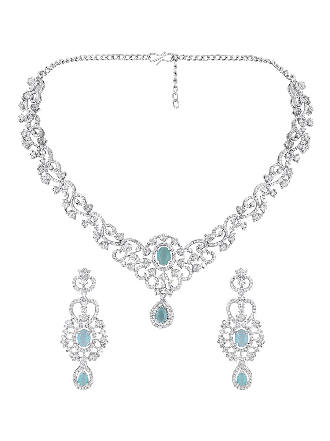 Firozi Elegance: Rhodium-Plated Necklace & Earring Set - ASMITTA Jewellery