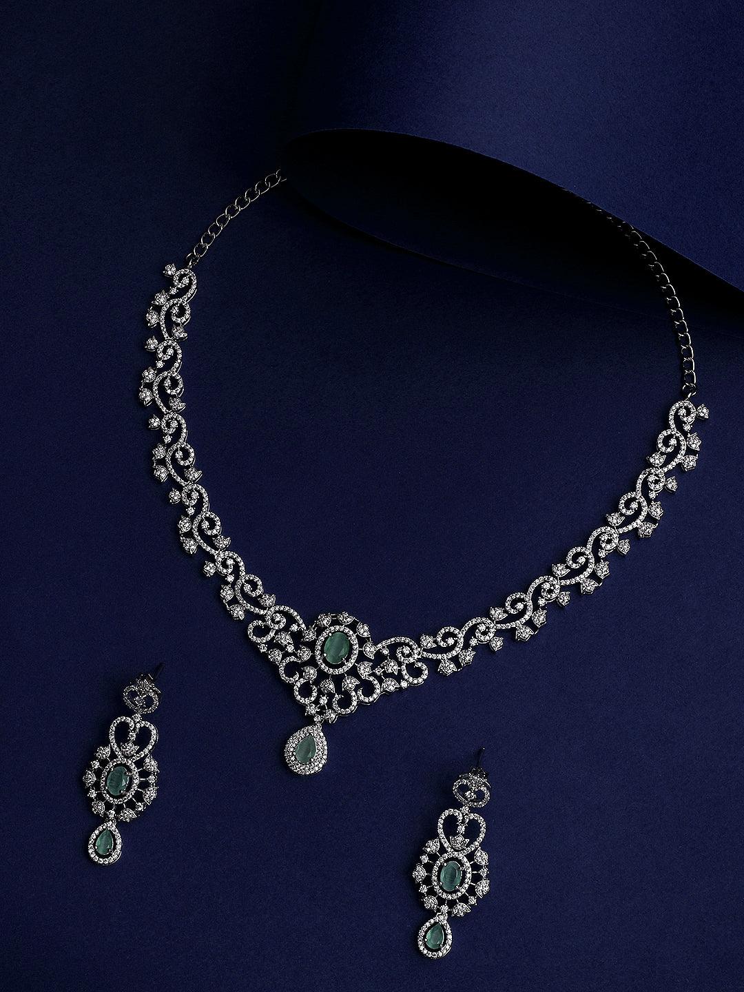 Firozi Elegance: Rhodium-Plated Necklace & Earring Set - ASMITTA Jewellery