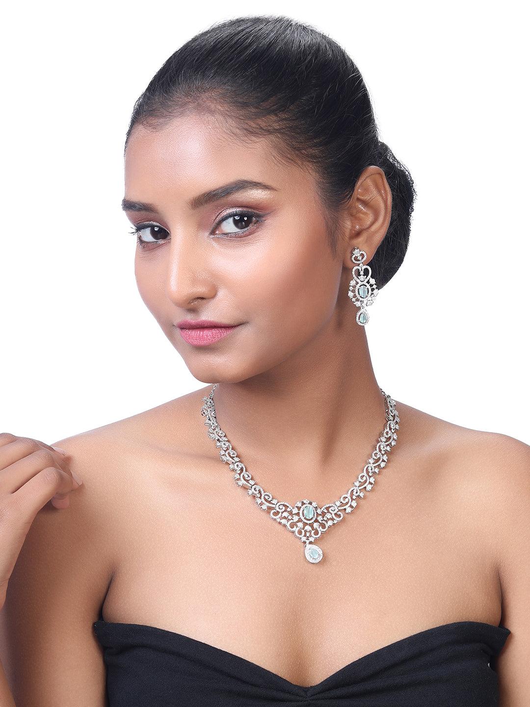 Firozi Elegance: Rhodium-Plated Necklace & Earring Set - ASMITTA Jewellery