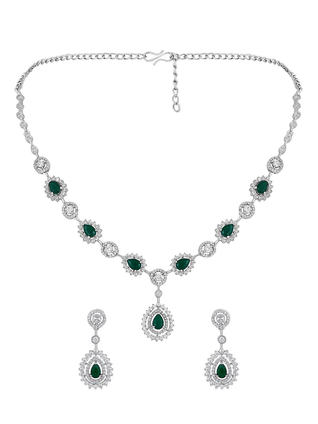 Emerald Elegance: Rhodium-Plated White & Green CZ Jewellery Set - ASMITTA Jewellery