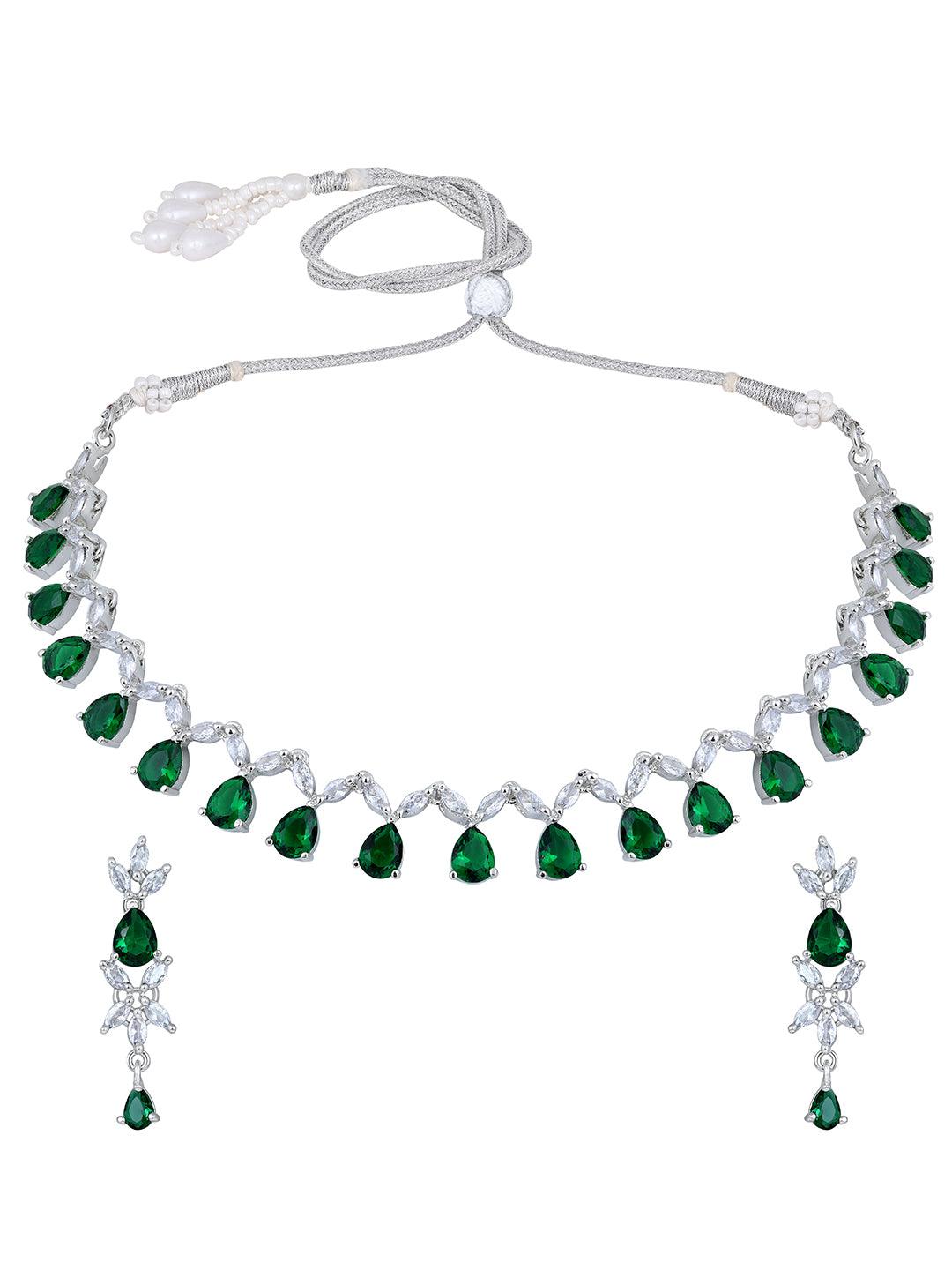 Emerald Elegance: Rhodium-Plated Choker & Earring Set - ASMITTA Jewellery