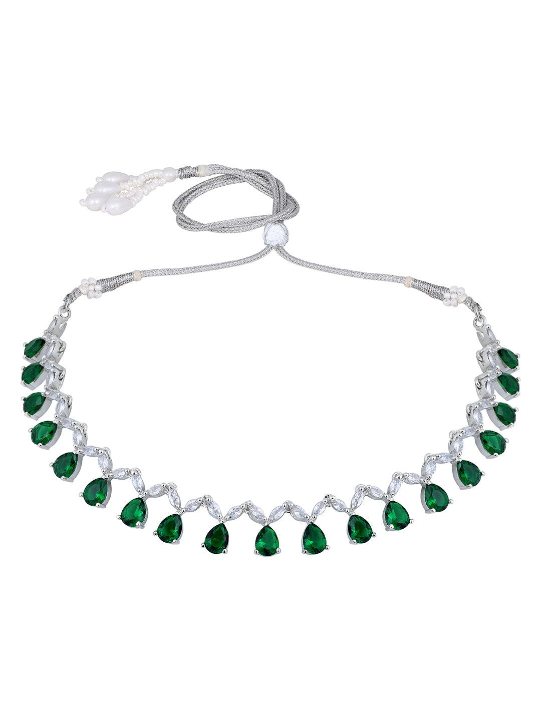Emerald Elegance: Rhodium-Plated Choker & Earring Set - ASMITTA Jewellery