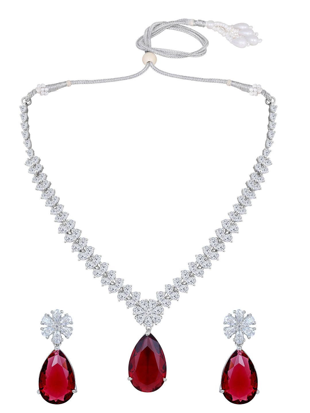 Rhodium Plated Ruby & White CZ Jewelry Set - ASMITTA Jewellery