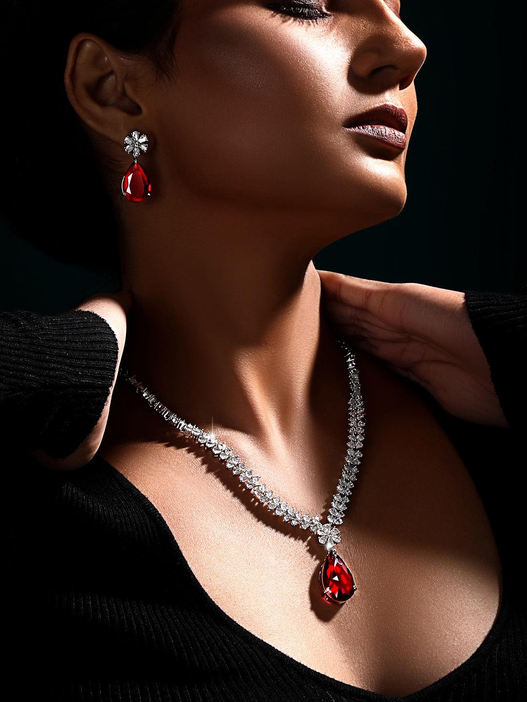 Rhodium Plated Ruby & White CZ Jewelry Set - ASMITTA Jewellery
