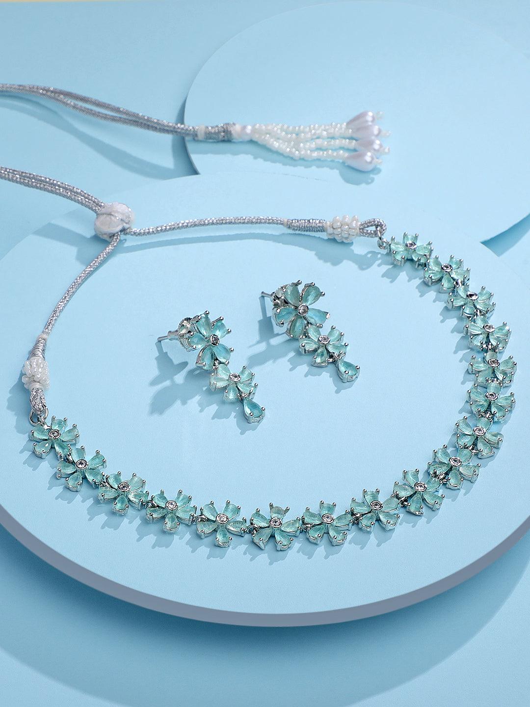 Firozi Glam: Rhodium-Plated Choker & Earring Set - ASMITTA Jewellery