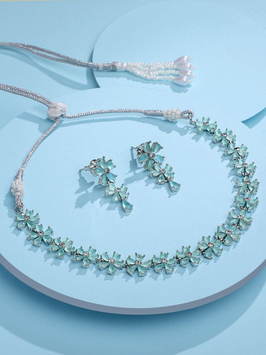 Firozi Glam: Rhodium-Plated Choker & Earring Set - ASMITTA Jewellery