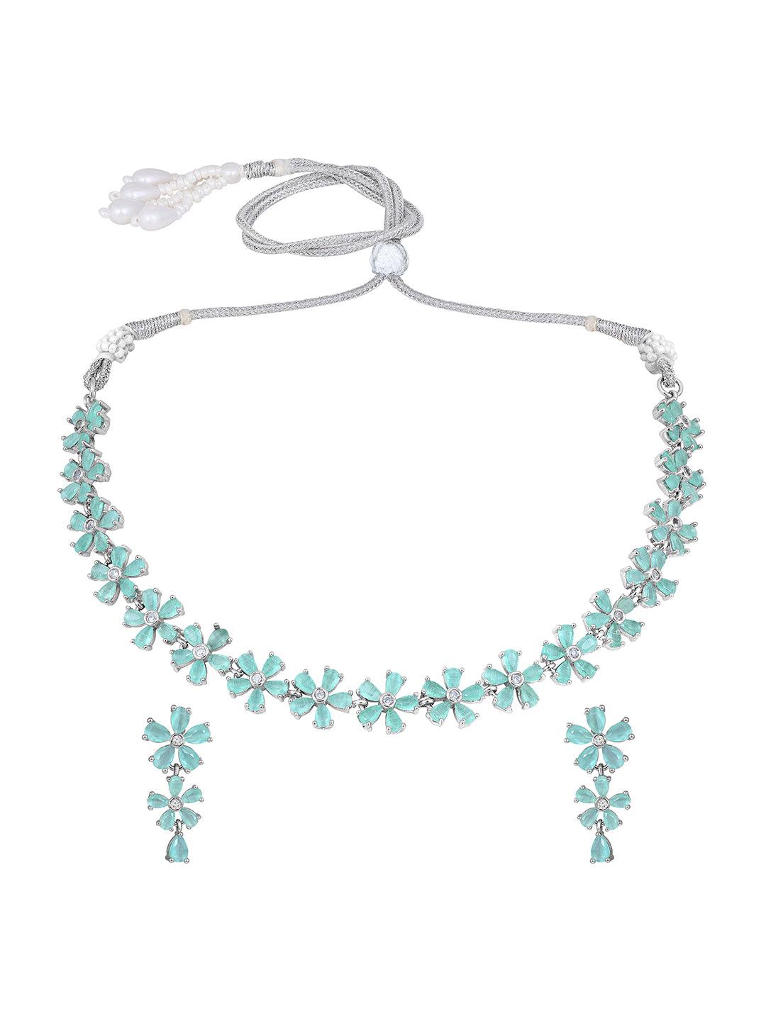 Firozi Glam: Rhodium-Plated Choker & Earring Set - ASMITTA Jewellery