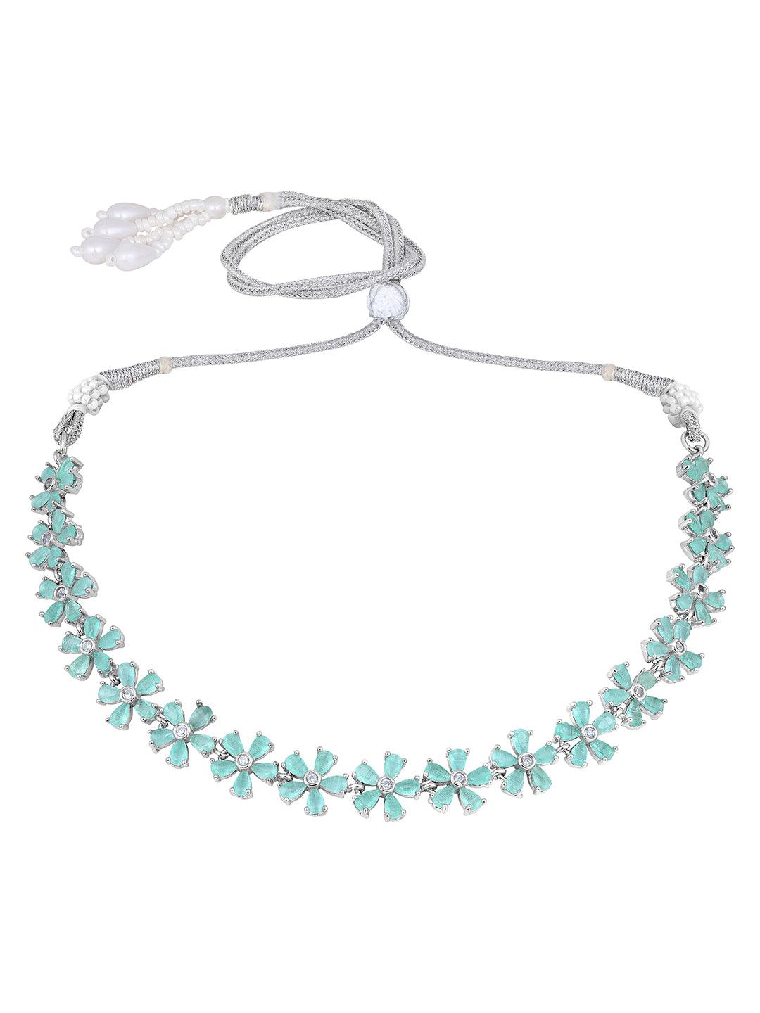 Firozi Glam: Rhodium-Plated Choker & Earring Set - ASMITTA Jewellery