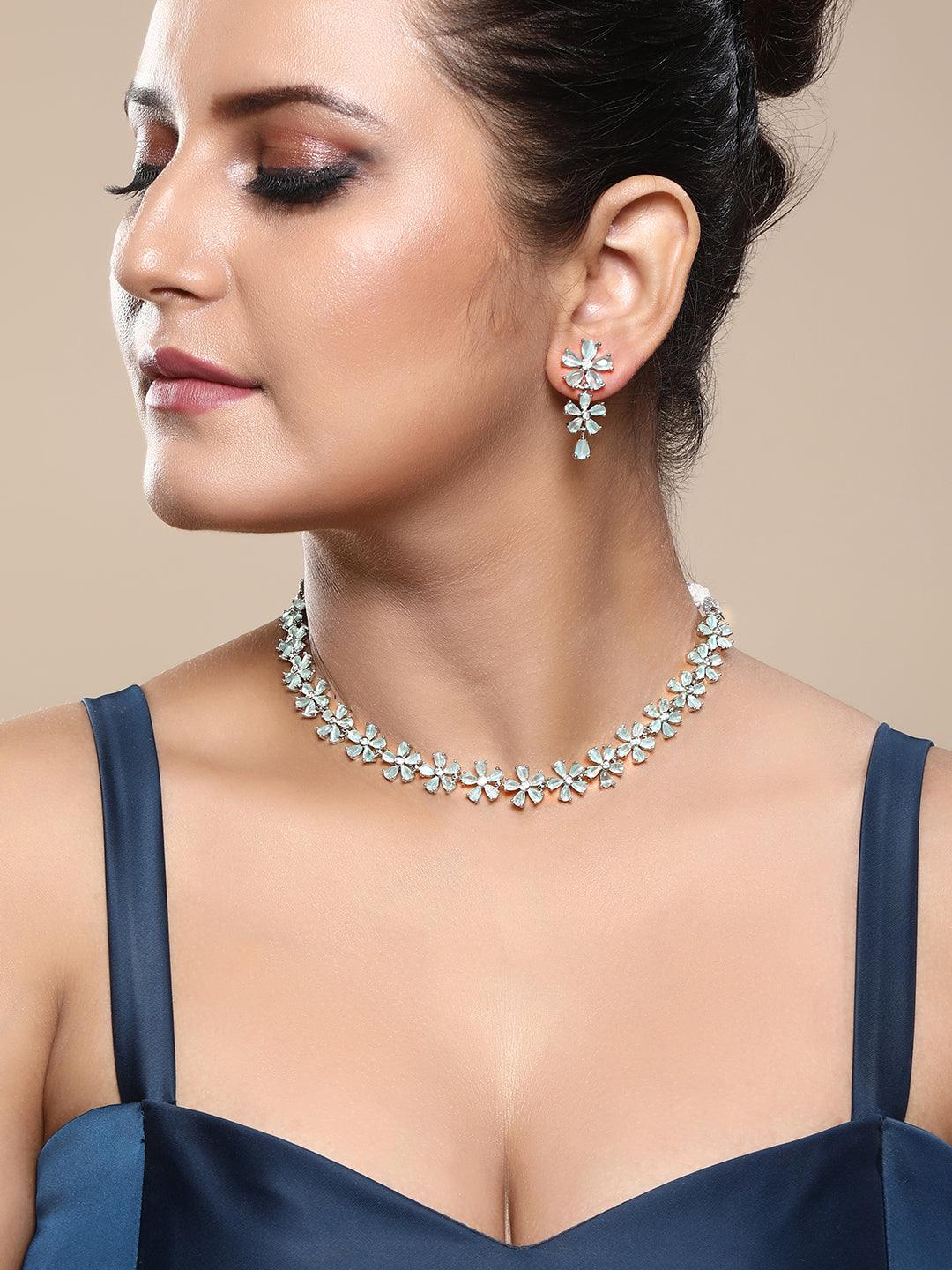 Firozi Glam: Rhodium-Plated Choker & Earring Set - ASMITTA Jewellery