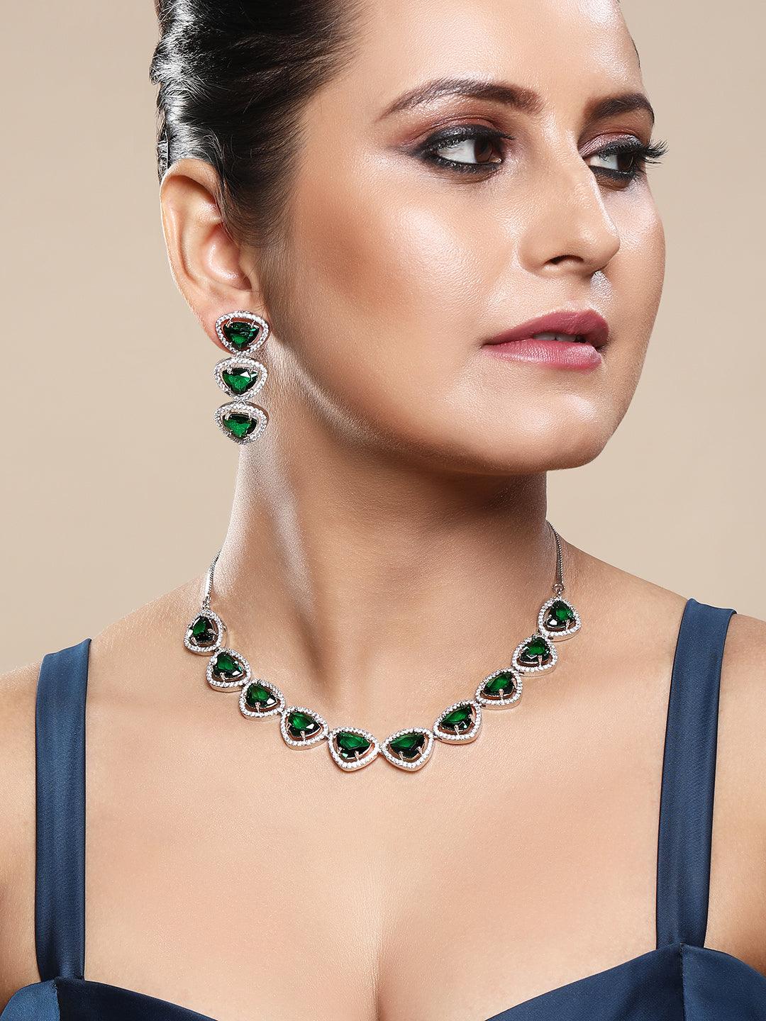 Verdant Bliss: Rhodium-Plated Choker & Earring Set - ASMITTA Jewellery