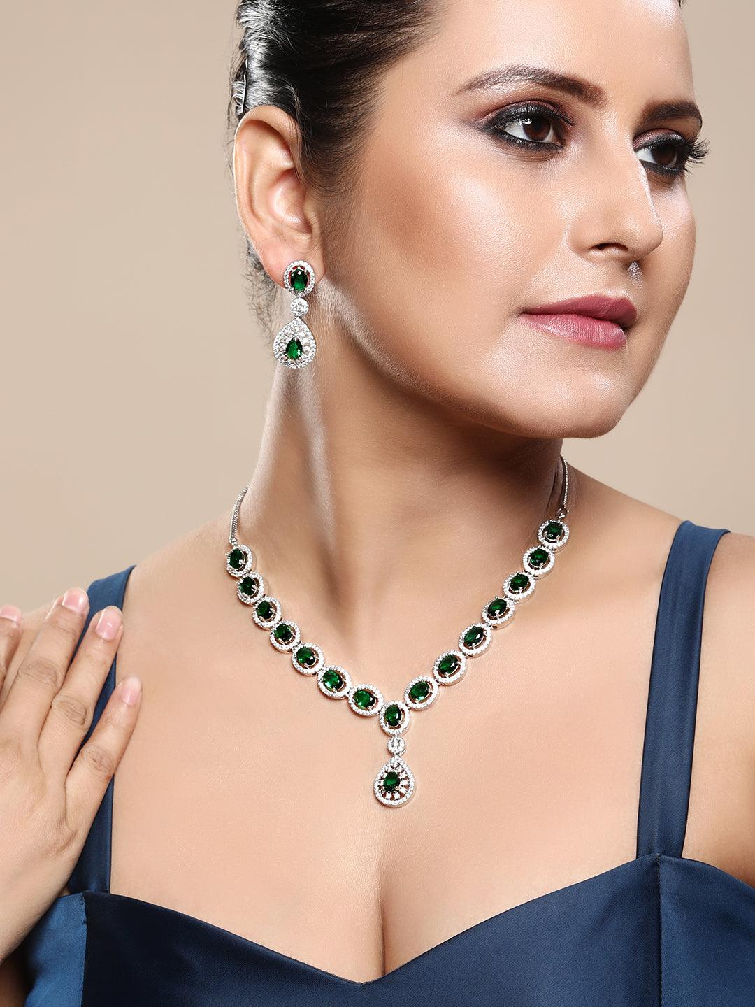 Emerald Elegance: Rhodium-Plated Choker & Earring Set - ASMITTA Jewellery