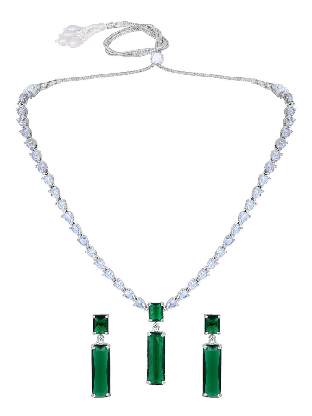 Emerald Elegance: Rhodium Plated White & Green CZ Jewellery Set - ASMITTA Jewellery