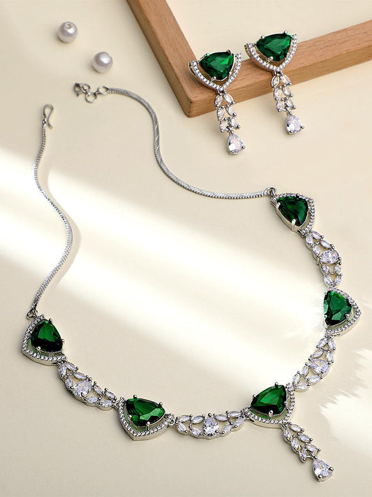 Verdant Charm: Rhodium-Plated Choker & Earring Set - ASMITTA Jewellery