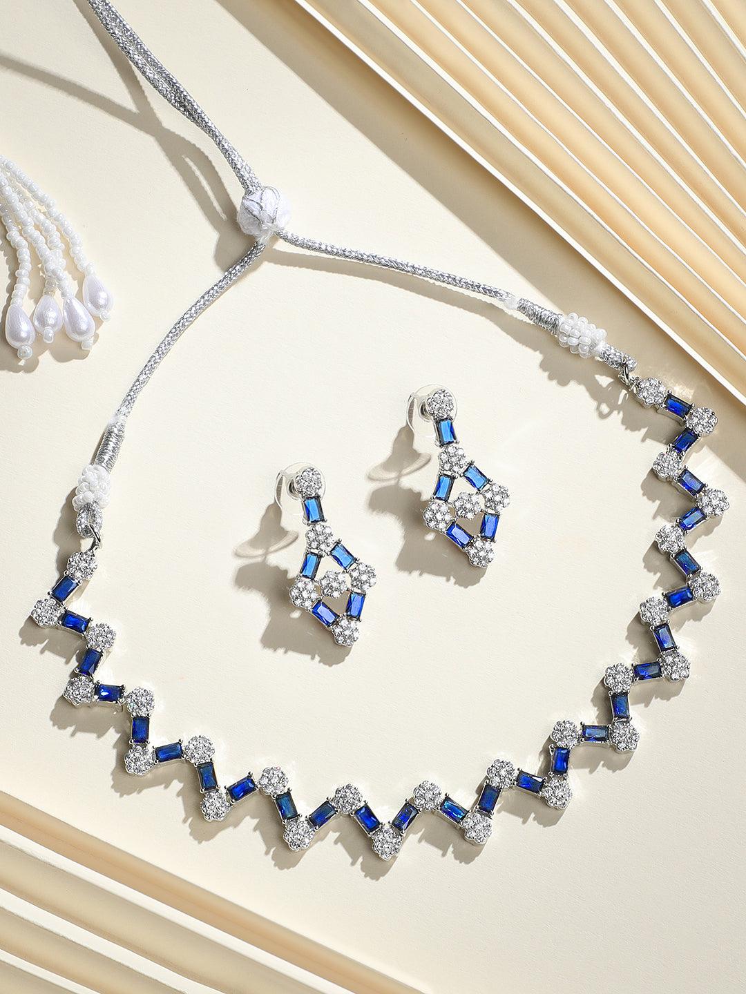 Cobalt Charm: Rhodium-Plated Choker & Earring Set - ASMITTA Jewellery