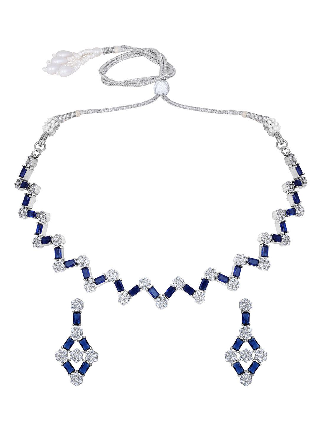 Cobalt Charm: Rhodium-Plated Choker & Earring Set - ASMITTA Jewellery