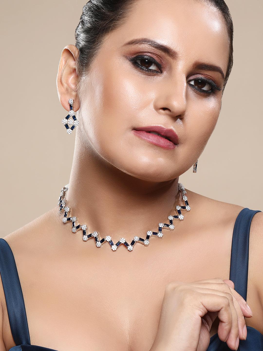 Cobalt Charm: Rhodium-Plated Choker & Earring Set - ASMITTA Jewellery