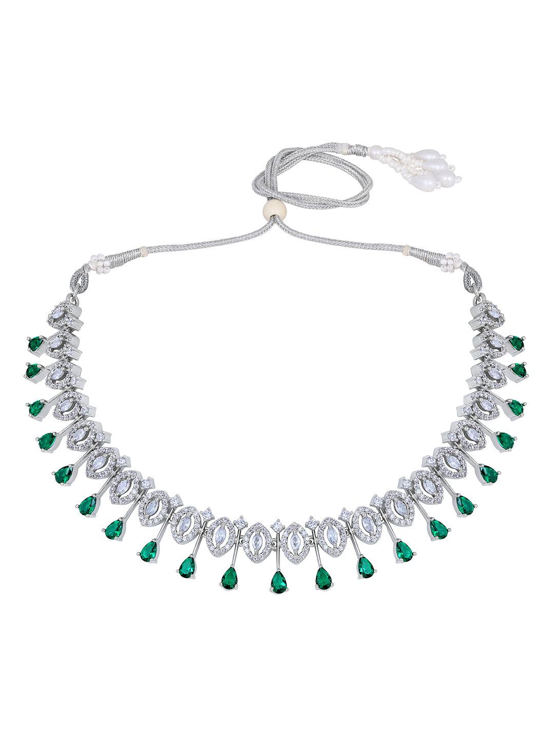 Emerald Elegance: Rhodium Choker & Earring Set - ASMITTA Jewellery