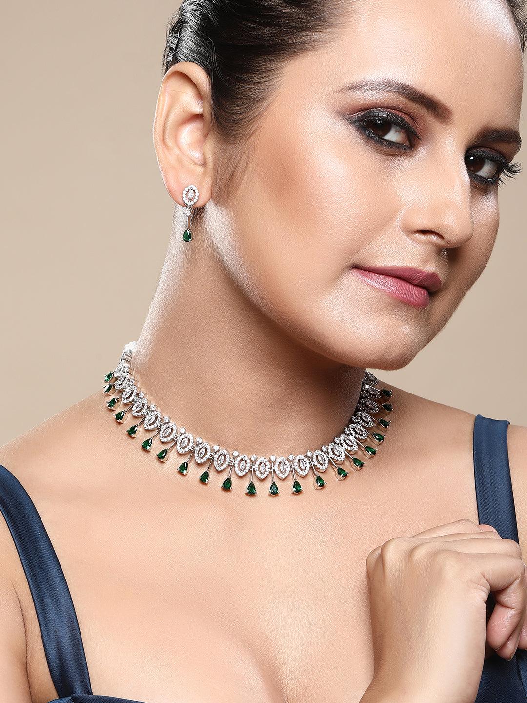 Emerald Elegance: Rhodium Choker & Earring Set - ASMITTA Jewellery