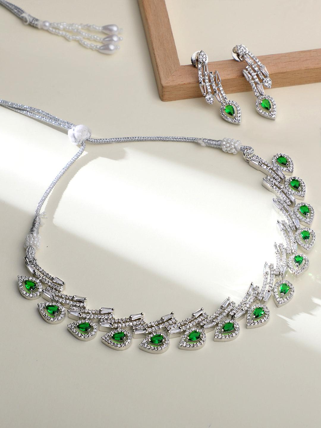 Chic Emerald Twist: Rhodium Choker & Earring Set - ASMITTA Jewellery