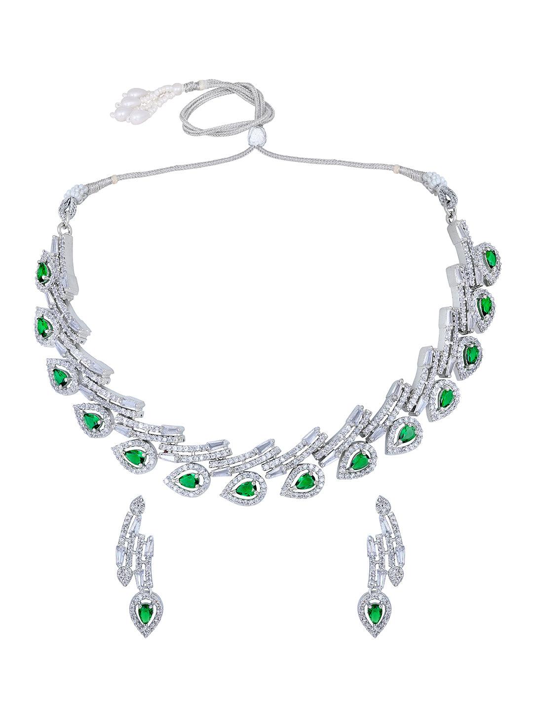 Chic Emerald Twist: Rhodium Choker & Earring Set - ASMITTA Jewellery