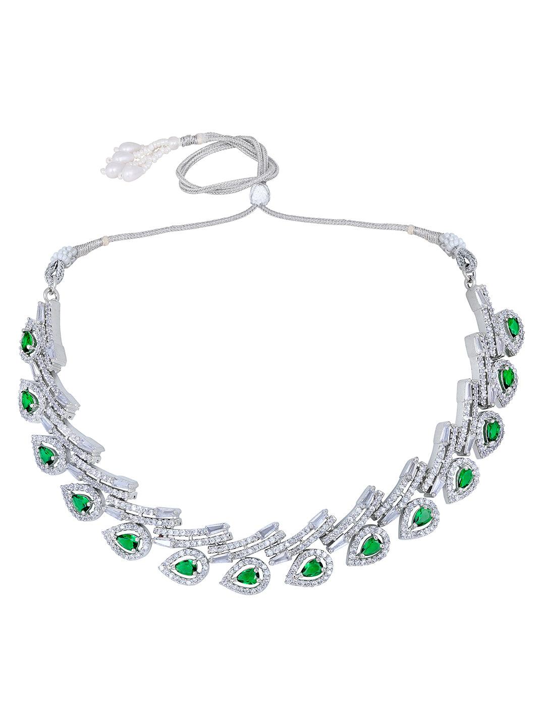 Chic Emerald Twist: Rhodium Choker & Earring Set - ASMITTA Jewellery