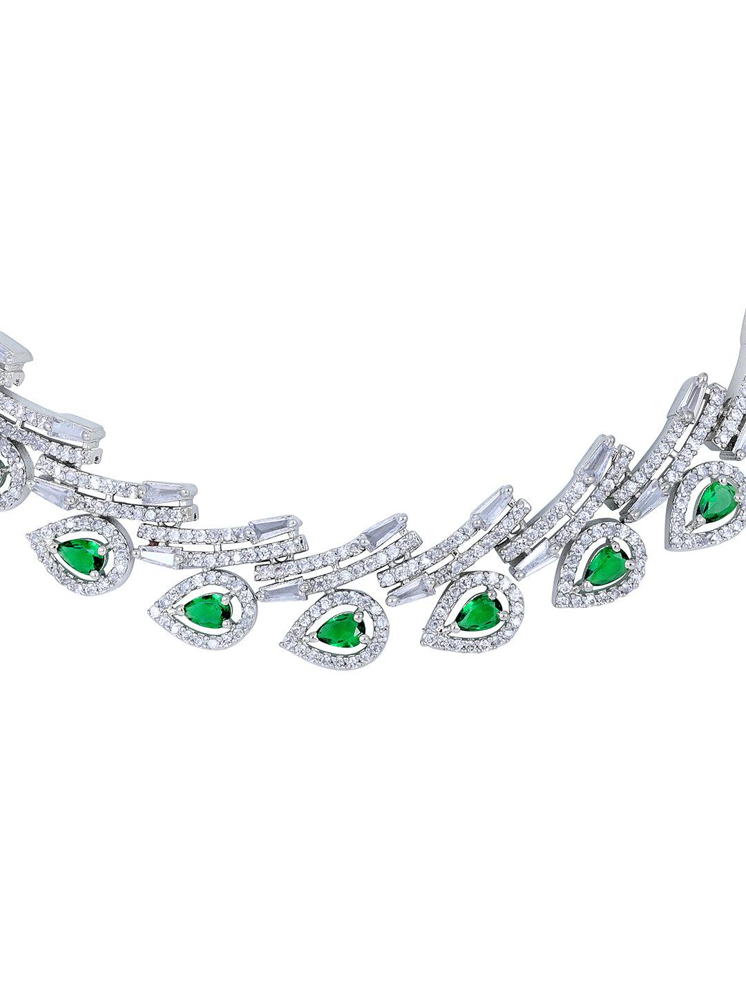 Chic Emerald Twist: Rhodium Choker & Earring Set - ASMITTA Jewellery