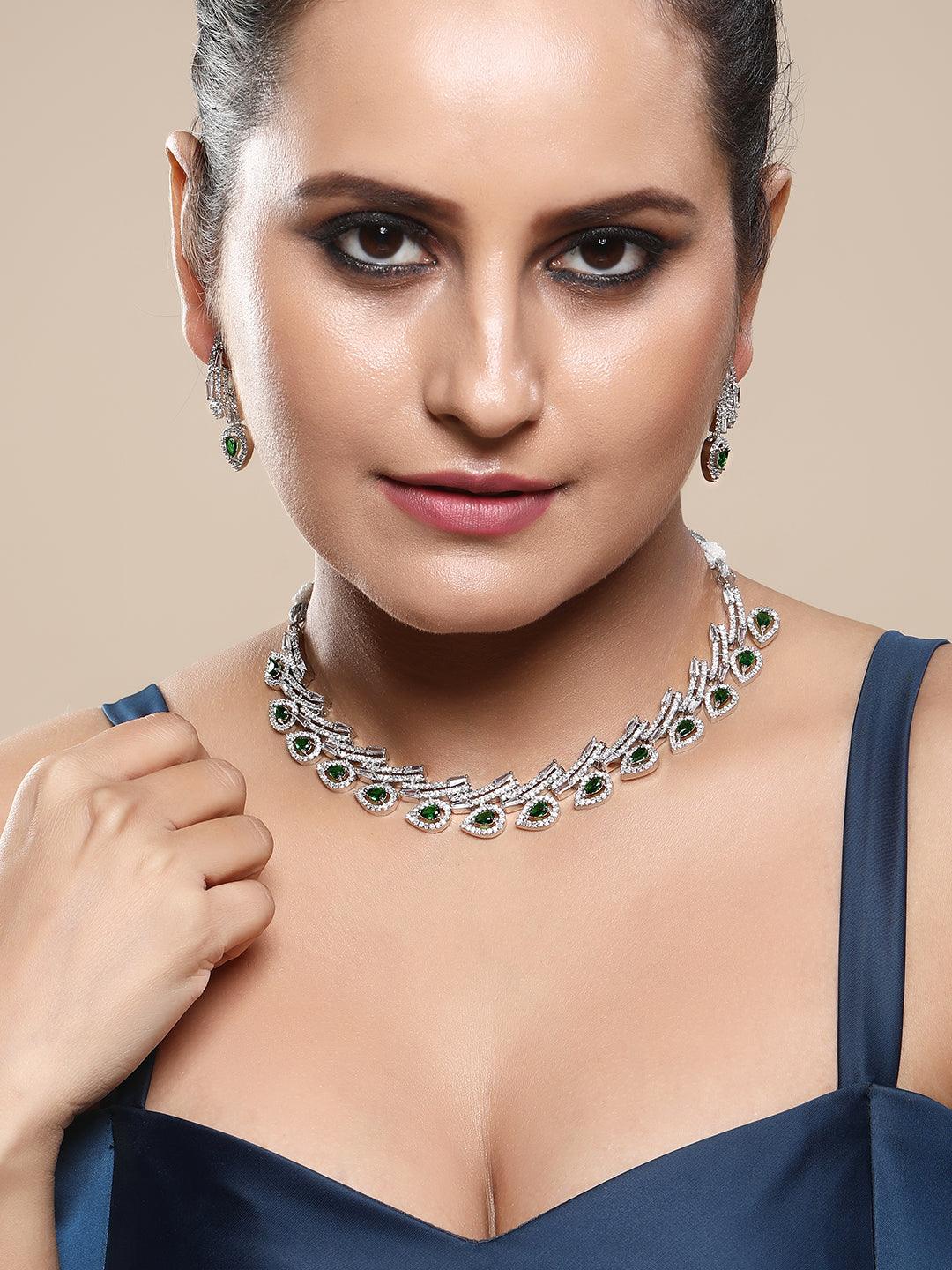 Chic Emerald Twist: Rhodium Choker & Earring Set - ASMITTA Jewellery