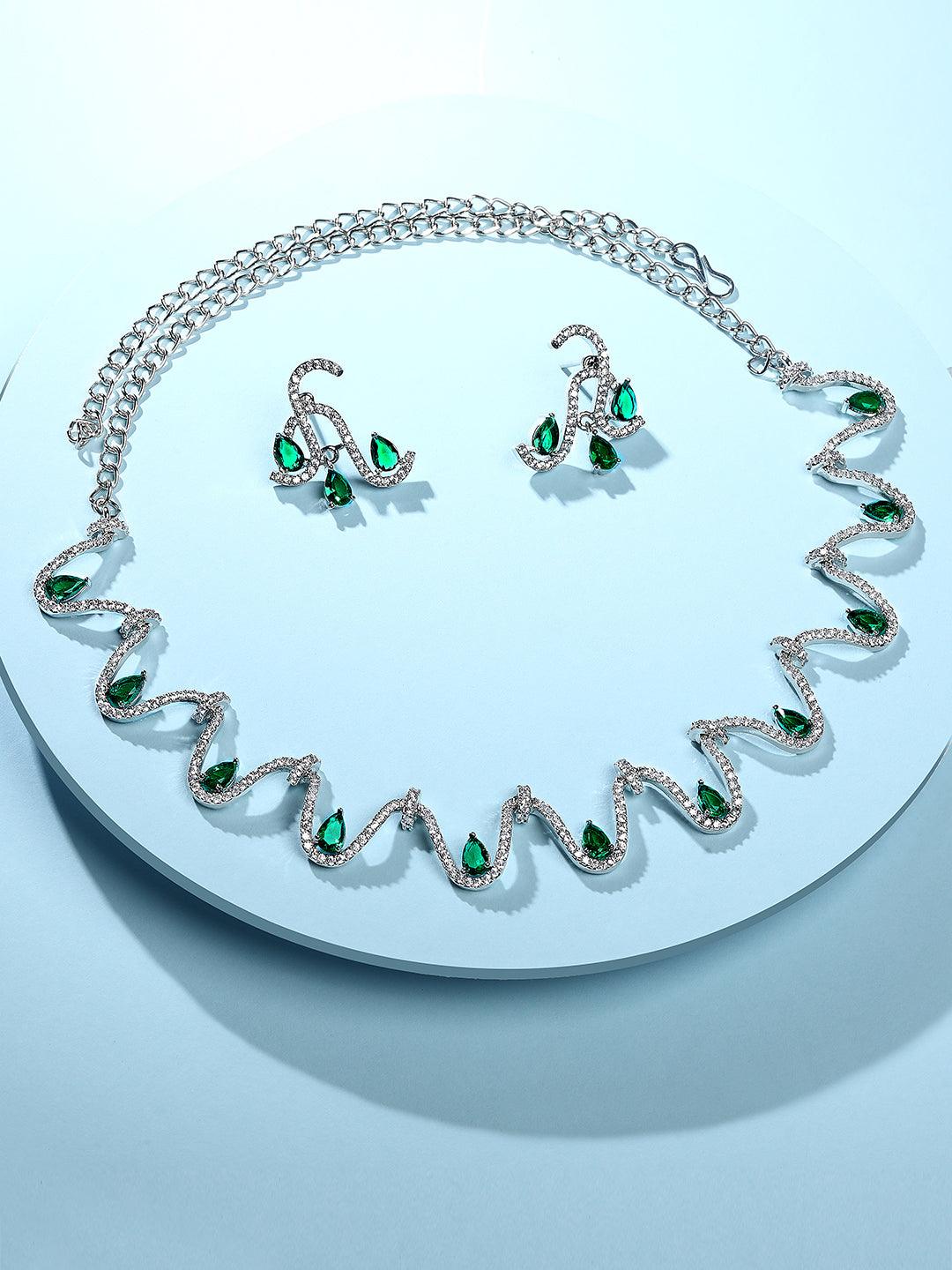 Emerald Allure: Rhodium Choker & Stud Earring Set - ASMITTA Jewellery