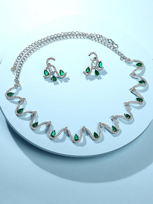 Emerald Allure: Rhodium Choker & Stud Earring Set - ASMITTA Jewellery