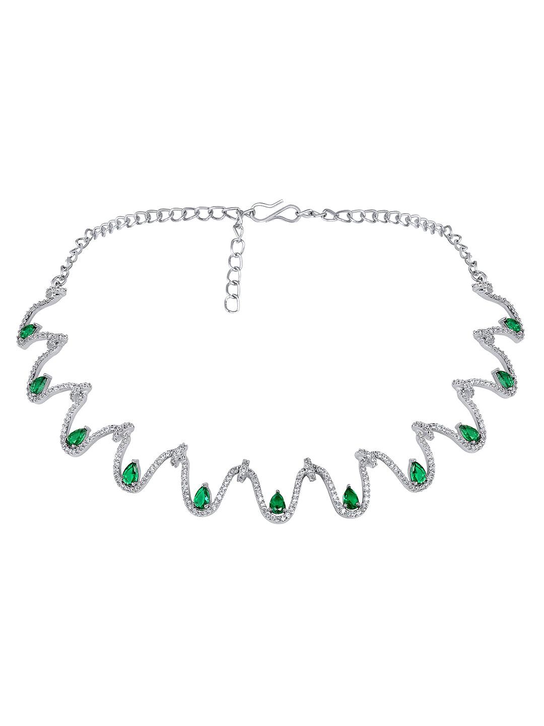 Emerald Allure: Rhodium Choker & Stud Earring Set - ASMITTA Jewellery