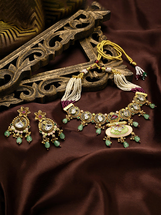 Kundan Studded Pearls Beaded Meenakari Traditional Choker Necklace Set - ASMITTA Jewellery