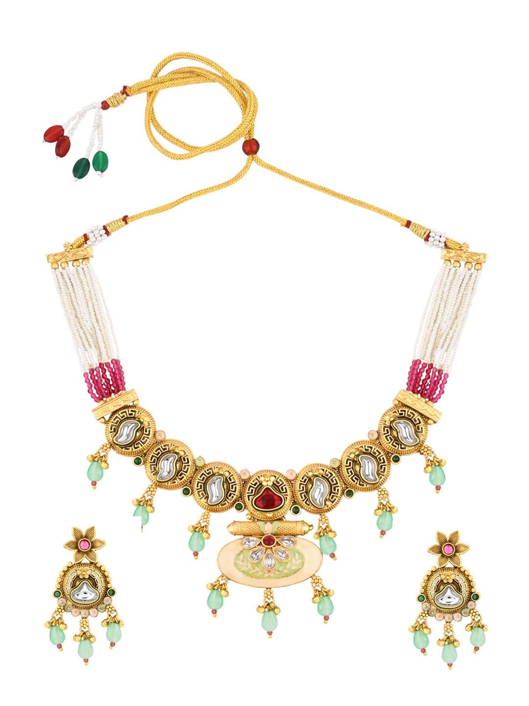 Kundan Studded Pearls Beaded Meenakari Traditional Choker Necklace Set - ASMITTA Jewellery
