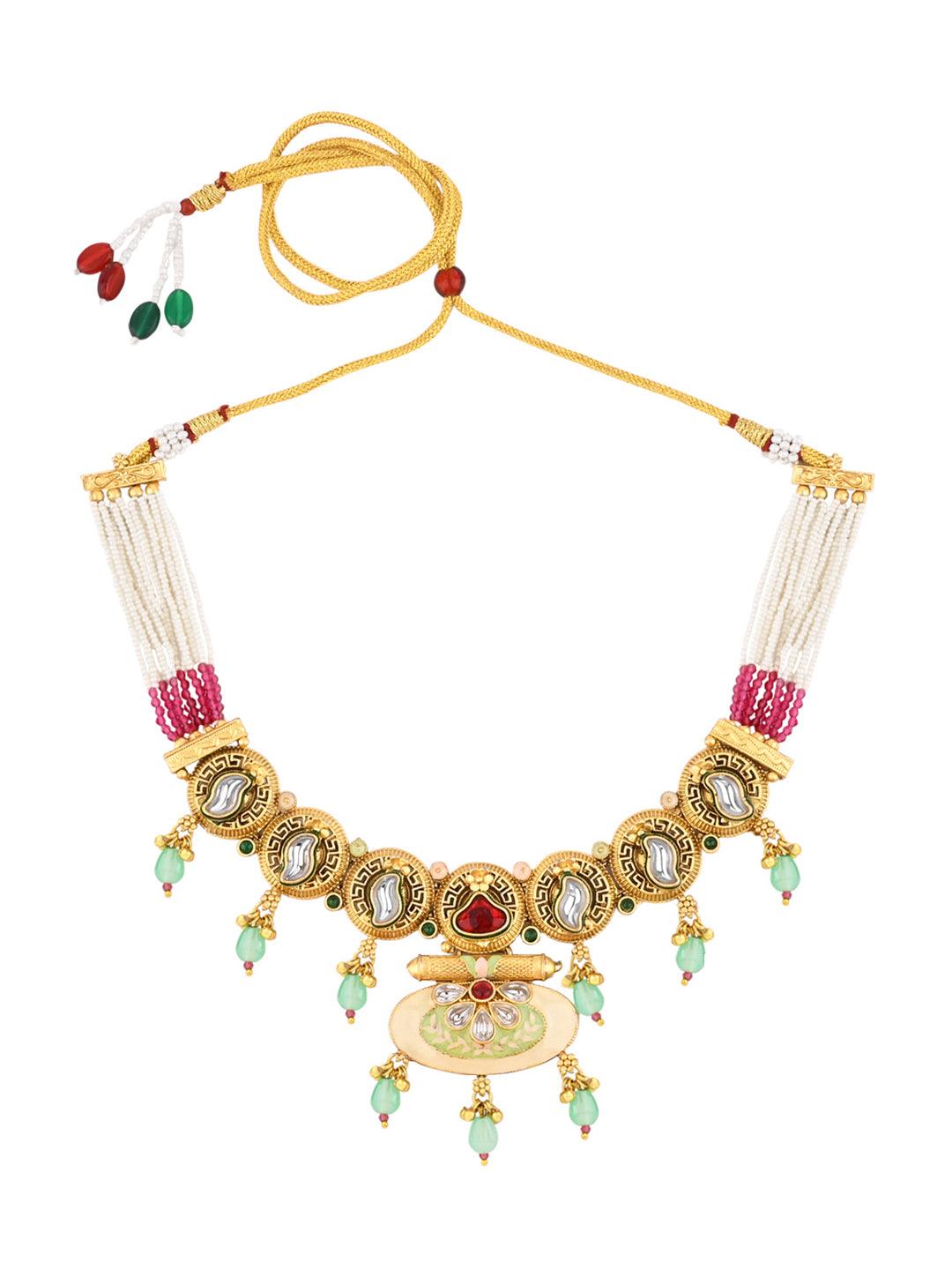Kundan Studded Pearls Beaded Meenakari Traditional Choker Necklace Set - ASMITTA Jewellery