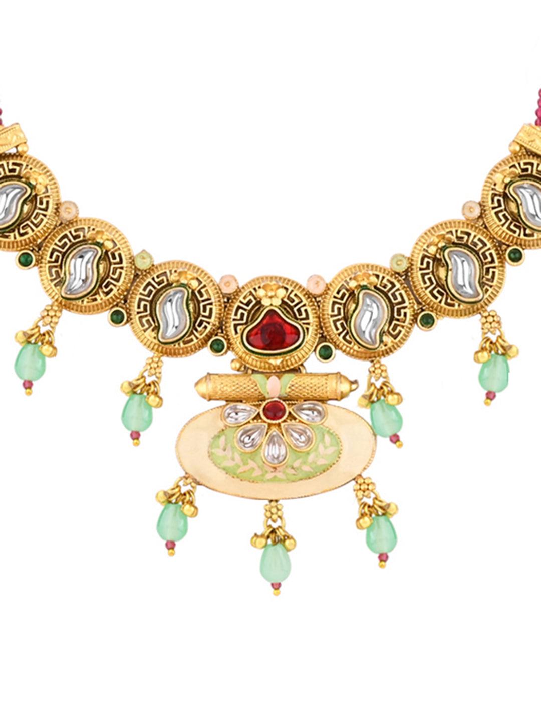Kundan Studded Pearls Beaded Meenakari Traditional Choker Necklace Set - ASMITTA Jewellery