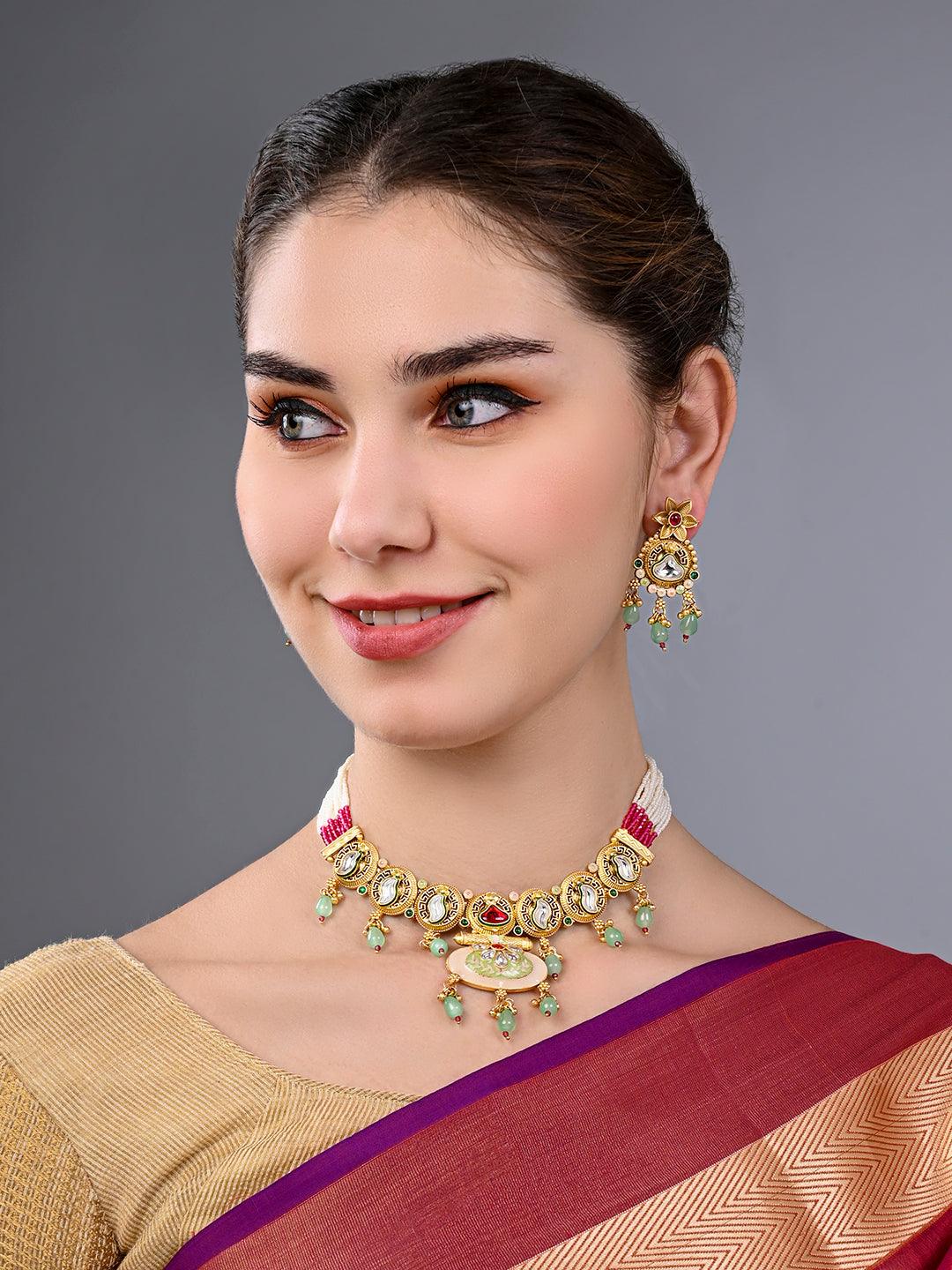 Kundan Studded Pearls Beaded Meenakari Traditional Choker Necklace Set - ASMITTA Jewellery