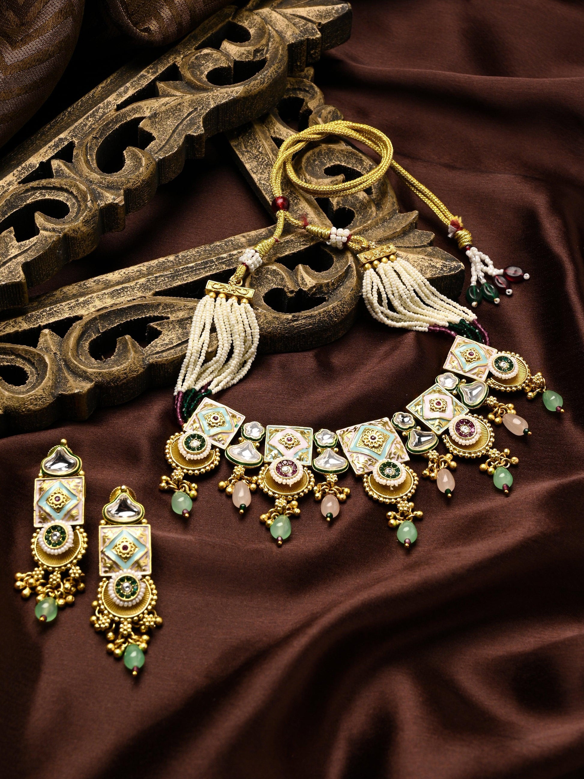 Regal Peacock Elegance: Kundan & Meenakari Choker Set - ASMITTA Jewellery