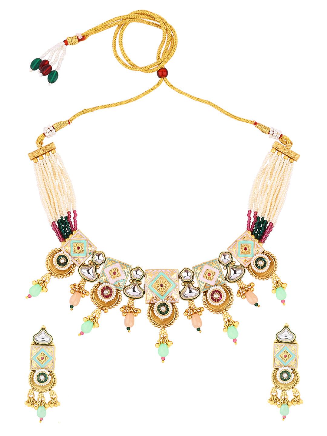 Regal Peacock Elegance: Kundan & Meenakari Choker Set - ASMITTA Jewellery