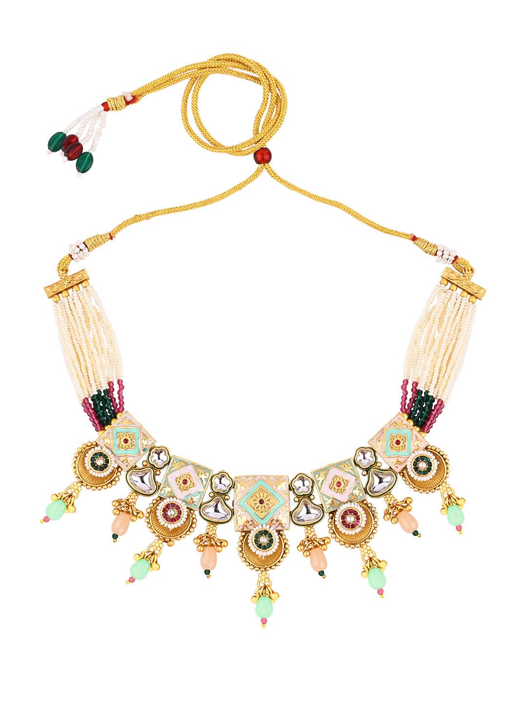 Regal Peacock Elegance: Kundan & Meenakari Choker Set - ASMITTA Jewellery