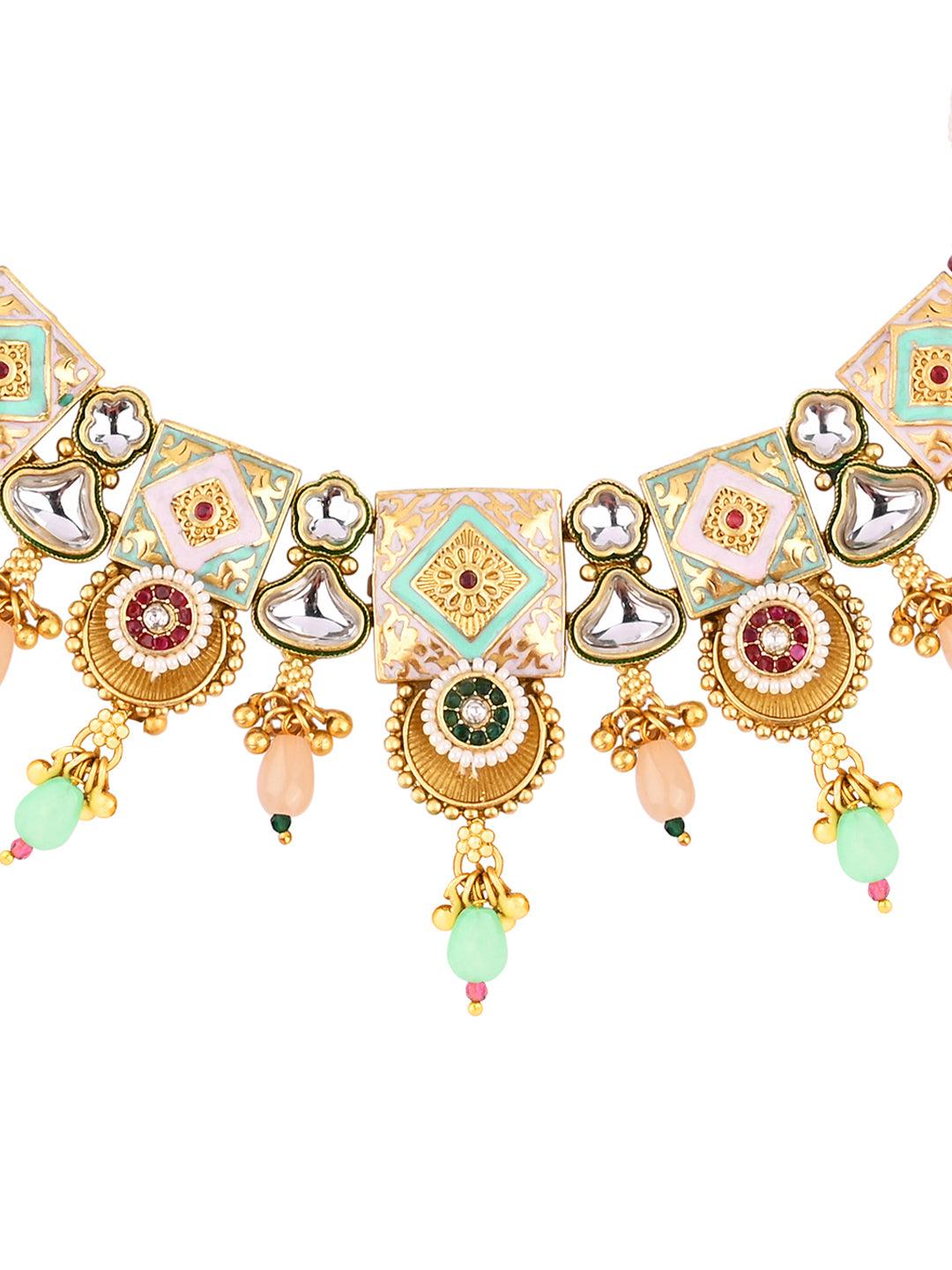Regal Peacock Elegance: Kundan & Meenakari Choker Set - ASMITTA Jewellery