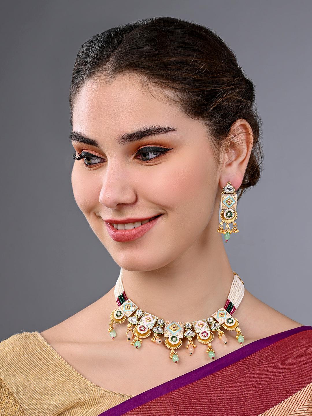 Regal Peacock Elegance: Kundan & Meenakari Choker Set - ASMITTA Jewellery