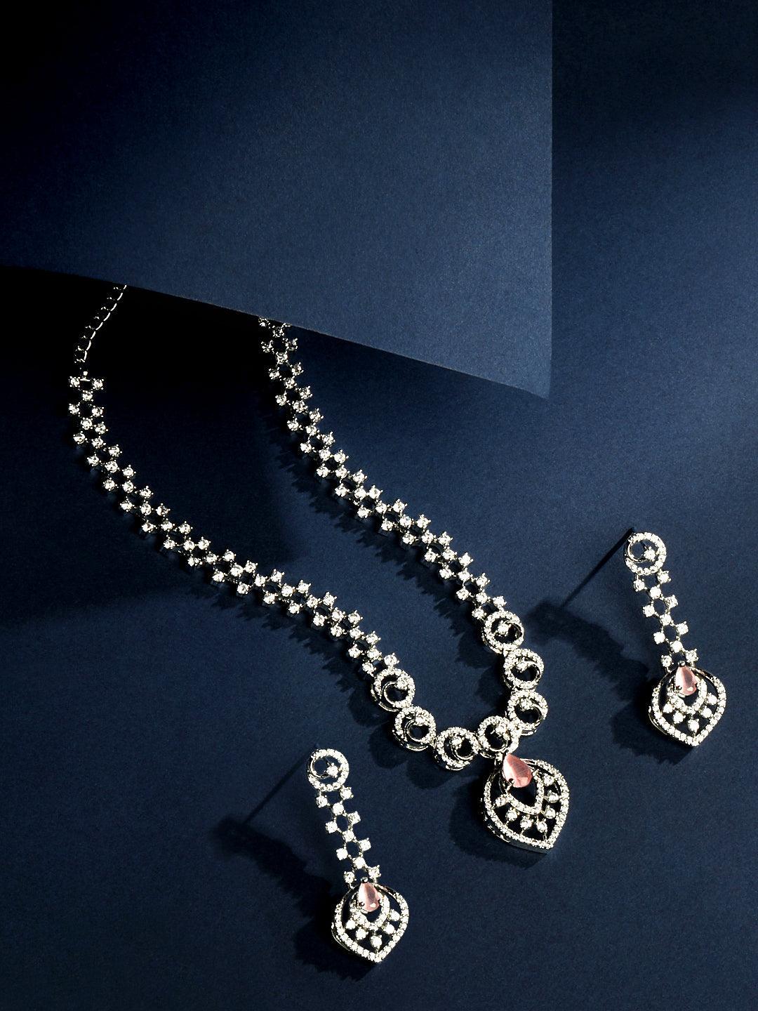 Rhodium Plated White and Baby Pink CZ Stone Studded Choker Set - ASMITTA Jewellery