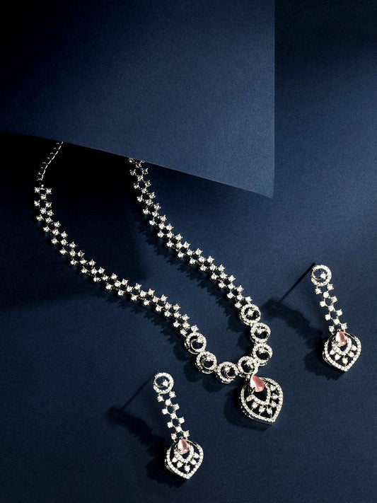 Rhodium Plated White and Baby Pink CZ Stone Studded Choker Set - ASMITTA Jewellery